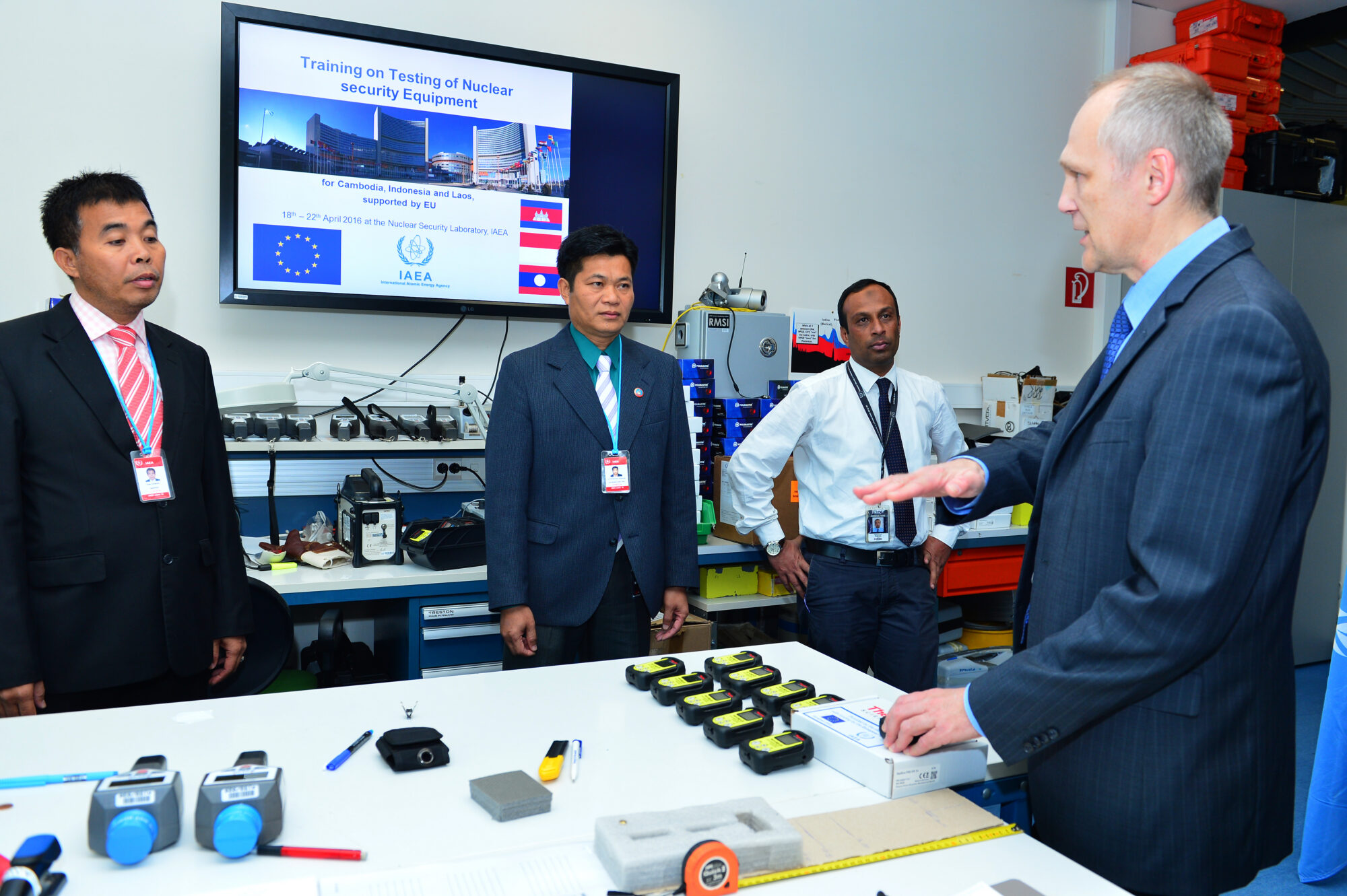 Joint IAEA-EU Project - Handover Ceremony for Radiation Detection Equipment to IAEA Member States Radiation detection equipment is provided to Cambodia, Indonesia and Lao PDR to support IAEA Member States in security management of radioactive material and enhance detection capabilities of radioactive material outside regulatory control. The equipment has been provided with the financial support of the European Commission’s CBRN CoE (Centres of Excellence) initiative. Daming Liu (Section Head of IAEA Nuclear Security of Material outside of Regulatory Control ), Volker Holubetz (Delegation of the European Union to the International Organizations in Vienna) and Kamel Abbas (EC-Joint Research Centre, Ispra) joined the representatives from Cambodia, Indonesia, Lao PDR and IAEA staff from the Division of Nuclear Security to officially hand over the radiation detection equipment. IAEA Vienna, Austria, 20 April 2016.